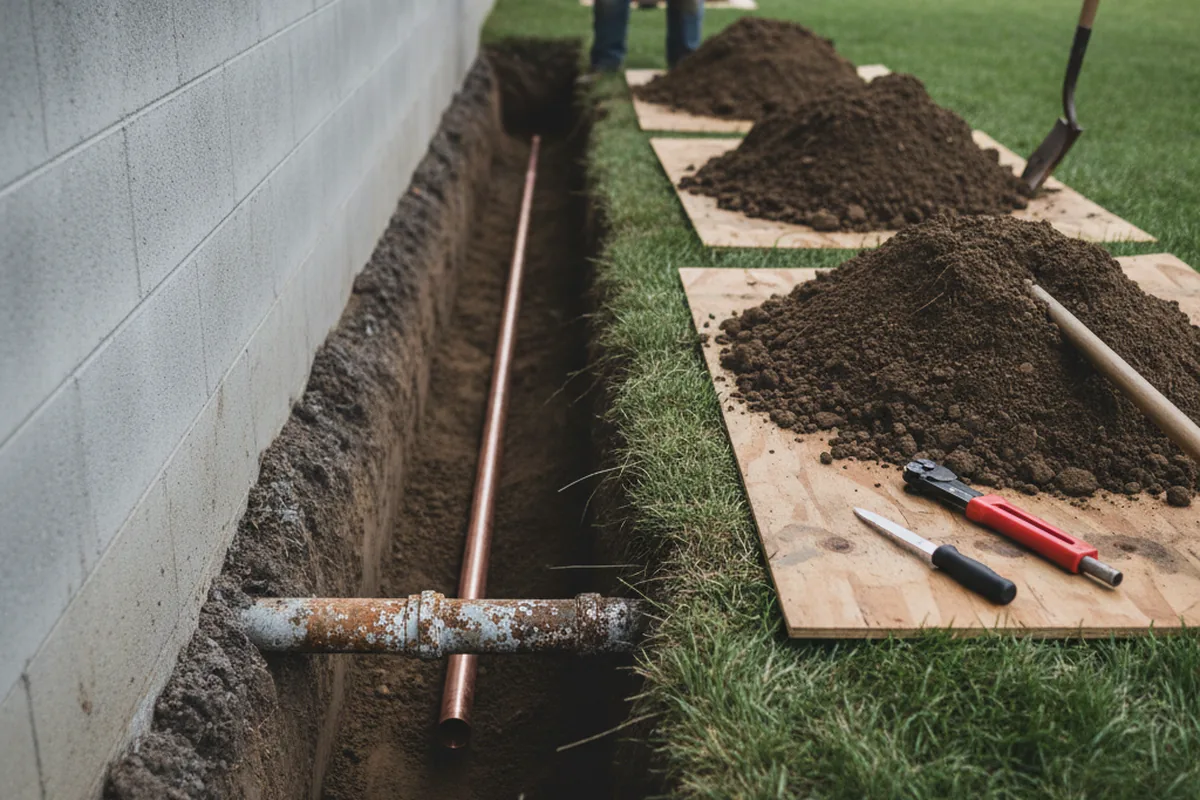 Excavated water line trench during Water Heater Repair in Three Mile Bay